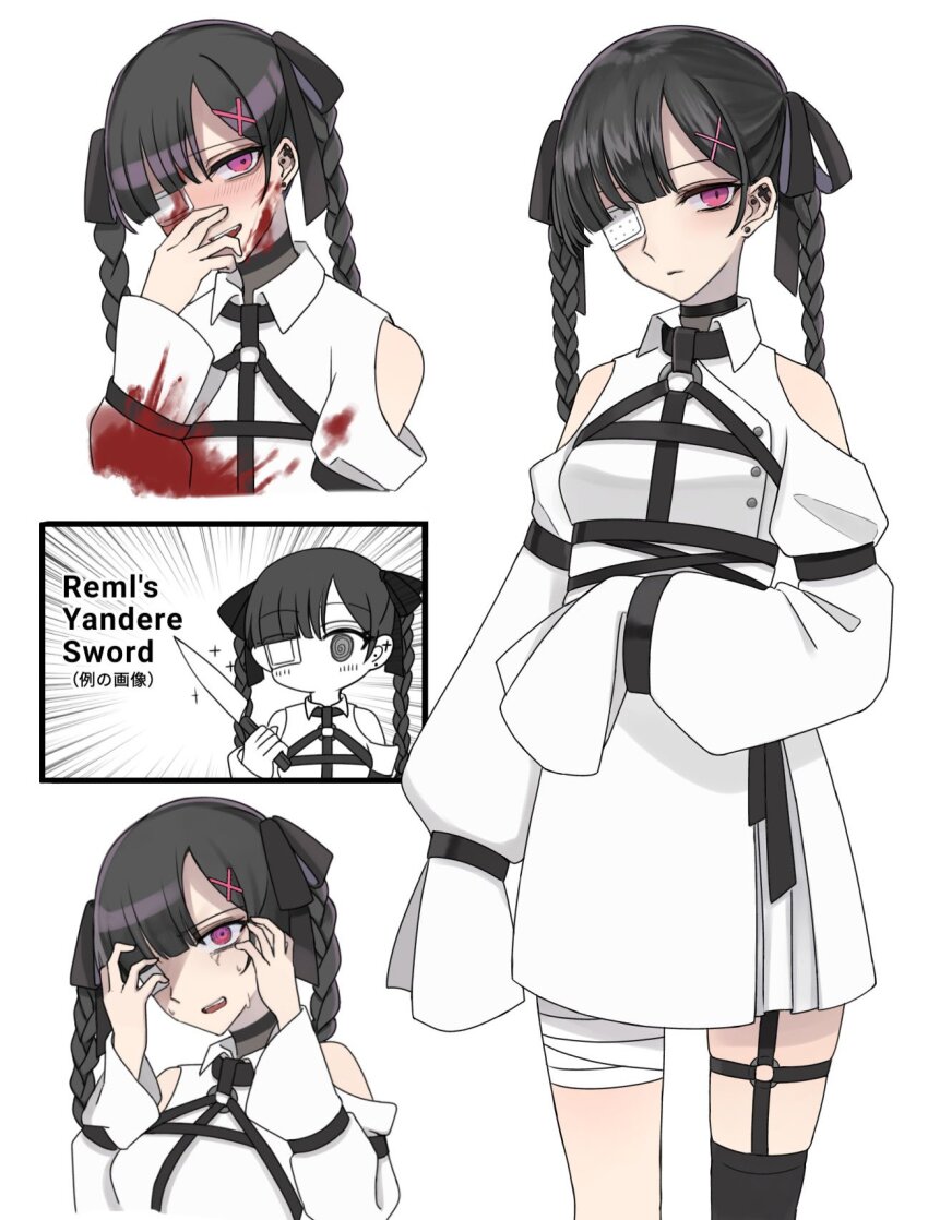 bandaged_leg, bandages, belt, black_belt, black_ribbon, black_thighhighs, blood, blood_on_clothes, blood_on_face, blunt_bangs, braid, reference_sheet, chest_harness, closed_mouth, clothing_cutout, collared_dress, commentary_request, cyril_m45, denonbu, dress, earrings, eyepatch, hair_ornament, hair_ribbon, hand_on_own_face, hands_on_own_face, harness, highres, holding, holding_knife, jewelry, knife, long_sleeves, medical_eyepatch, multiple_views, o-ring, o-ring_thigh_strap, original, reml, ribbon, shoulder_cutout, sleeves_past_fingers, sleeves_past_wrists, sparkle, straitjacket, sweatdrop, thigh_strap, thighhighs, twin_braids, white_dress, x_hair_ornament, yandere