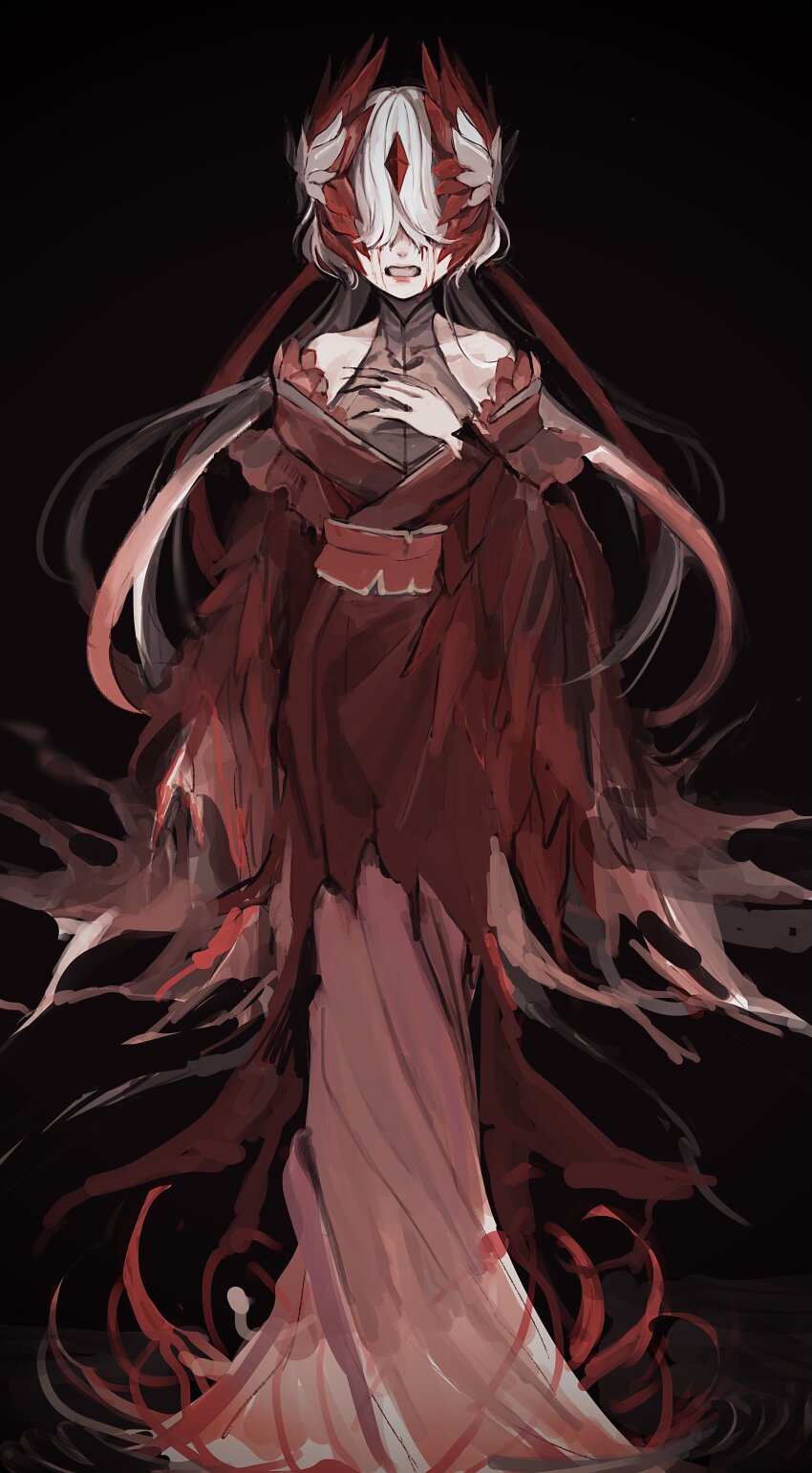 1girl, absurdres, bare_shoulders, black_background, black_nails, blood, blood_on_hands, bloody_tears