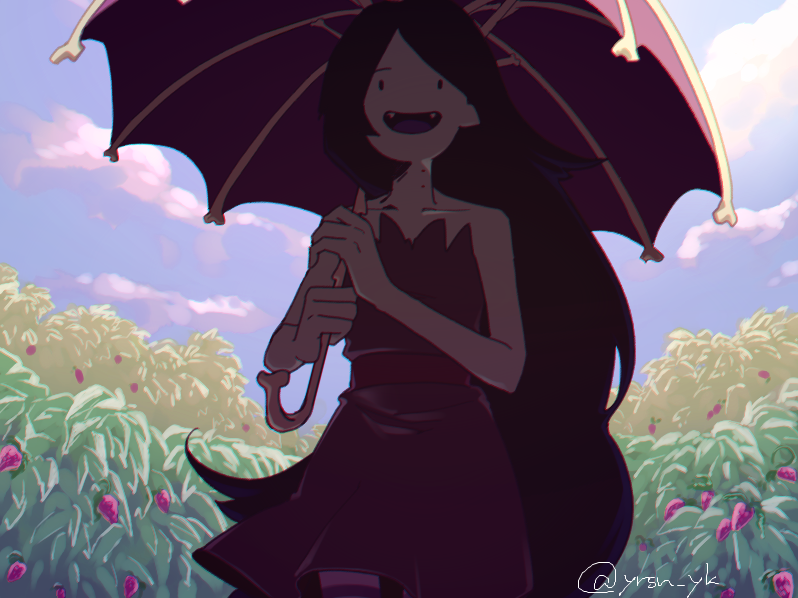 1girl, adventure_time, black_hair, commentary_request, fangs, food, fruit, leotard, long_hair, marceline_abadeer, open_mouth, pale_skin, parasol, raya_(uk_0128), smile, solid_oval_eyes, solo, strapless, strapless_leotard, strawberry, strawberry_plant, twitter_username, umbrella, underwear, very_long_hair
