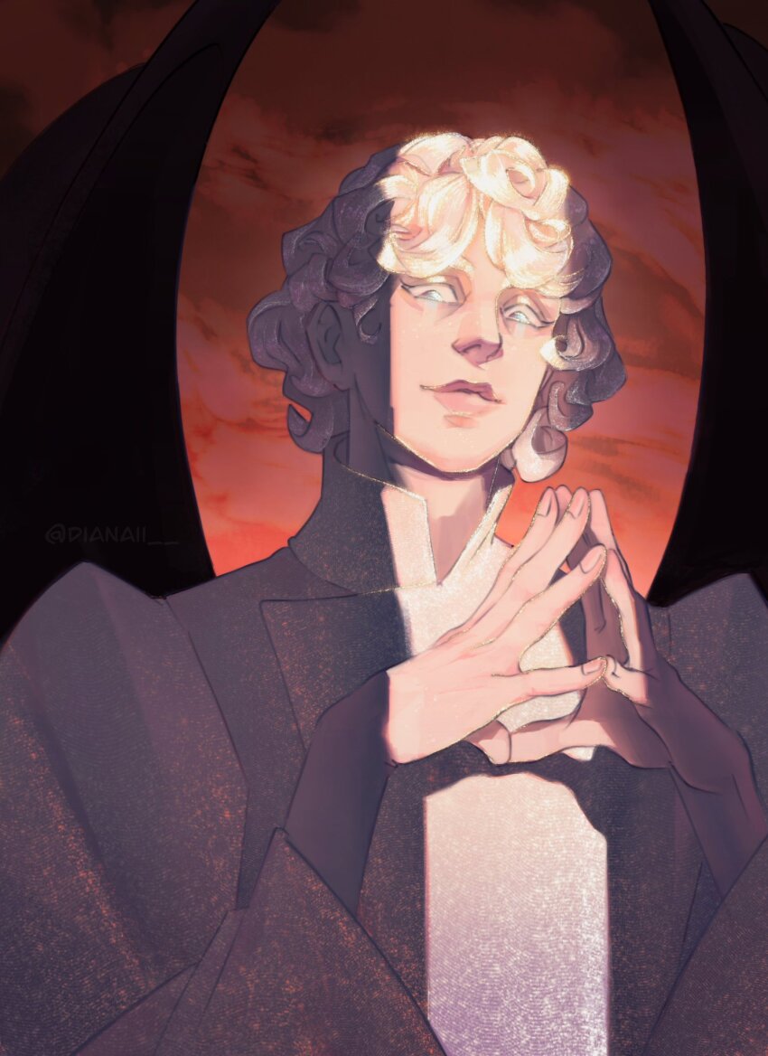 1girl, black_footwear, black_wings, demon, demon_girl, demon_wings, dianaii, dress, highres, long_dress, long_sleeves, looking_at_viewer, looking_down, lucifer_from_sandman, own_hands_together, short_hair, the_sandman_(dc), white_hair, wings