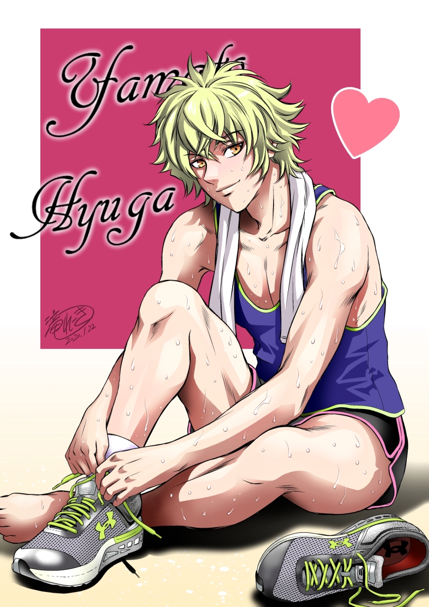 1boy, commentary_request, dated, dolphin_shorts, green_hair, heart, highres, hyuuga_yamato, male_focus, orange_eyes, purple_tank_top, shoes, shorts, signature, single_shoe, single_sock, sitting, sneakers, socks, solo, sweat, taki_reki, tank_top, toned, toned_male, towel, towel_around_neck, tying_footwear, under_armour, uta_no_prince-sama