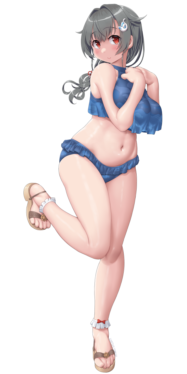 1girl, bare_arms, bare_legs, bare_shoulders, barefoot, bikini, black_hair, blue_bikini