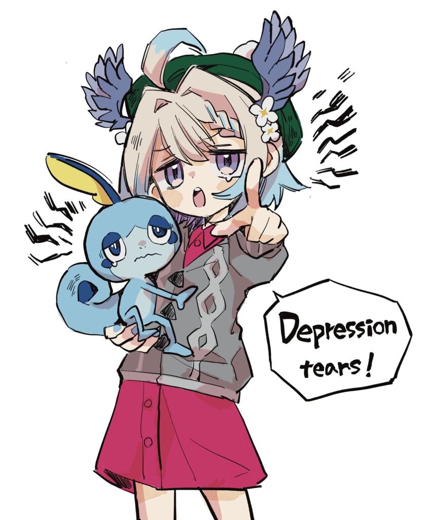 1girl, ahoge, bird_girl, blonde_hair, blue_hair, blue_nails, blush_stickers, braid