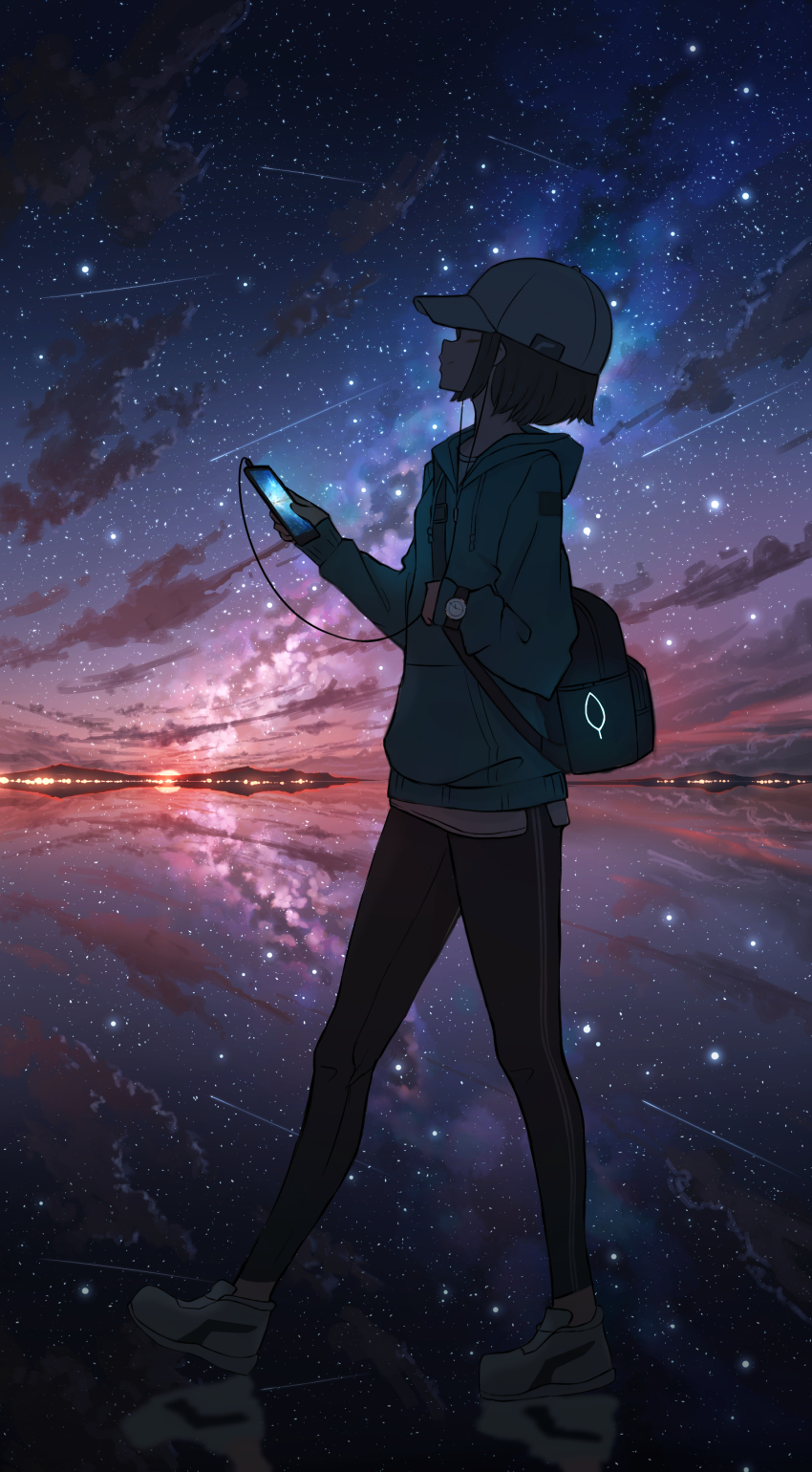 1girl, absurdres, bag, baseball_cap, black_pants, blue_hoodie, brown_hair, cellphone
