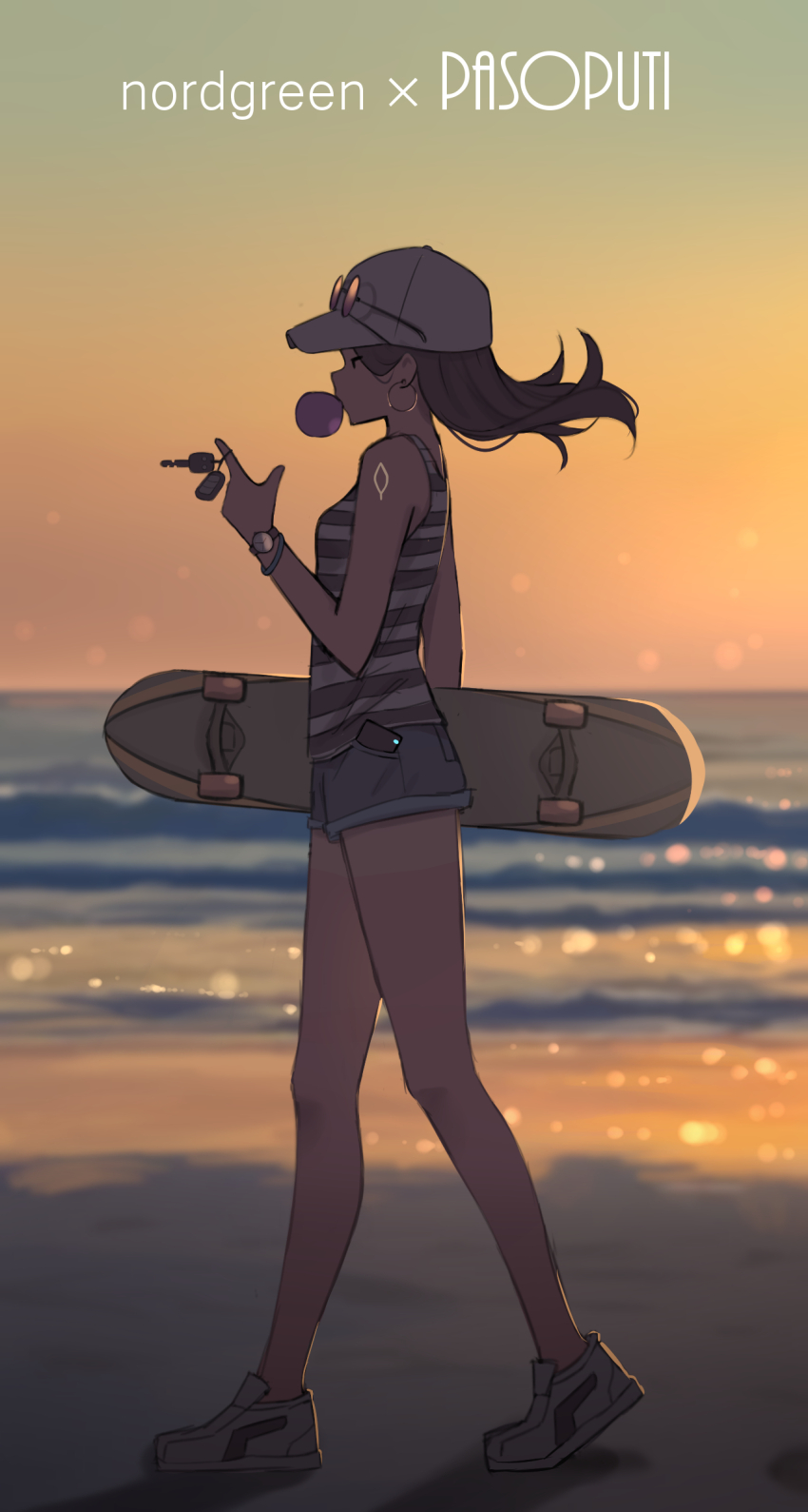 1girl, absurdres, artist_name, bare_legs, bare_shoulders, beach, blue_shorts, blurry