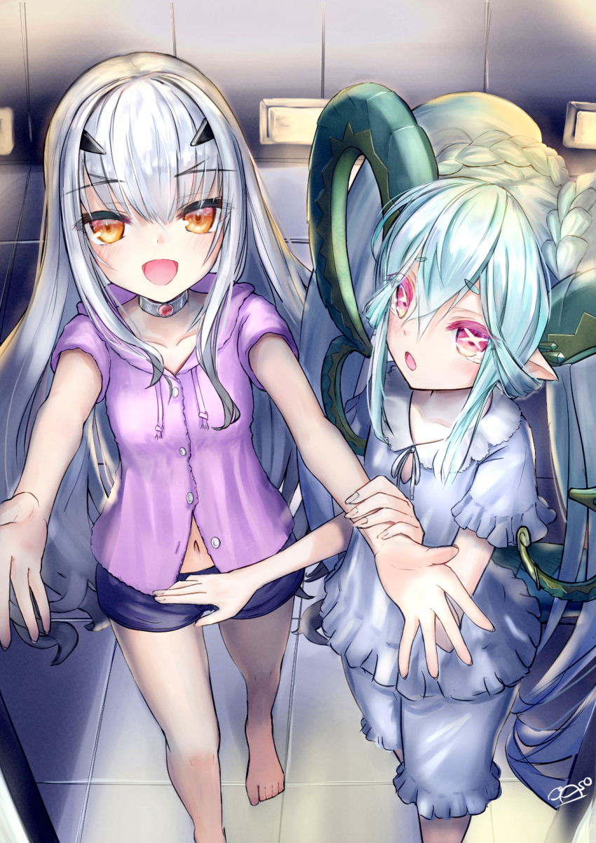 2girls, asobeco, blush, braid, breasts, crown_braid, curled_horns, fate/grand_order, fate_(series), forked_eyebrows, highres, horns, larva_tiamat_(fate), long_hair, long_horns, looking_at_viewer, melusine_(fate), multiple_girls, open_mouth, pink_eyes, pointy_ears, sidelocks, small_breasts, smile, symbol-shaped_pupils, tiamat_(fate), white_hair, x-shaped_pupils, yellow_eyes