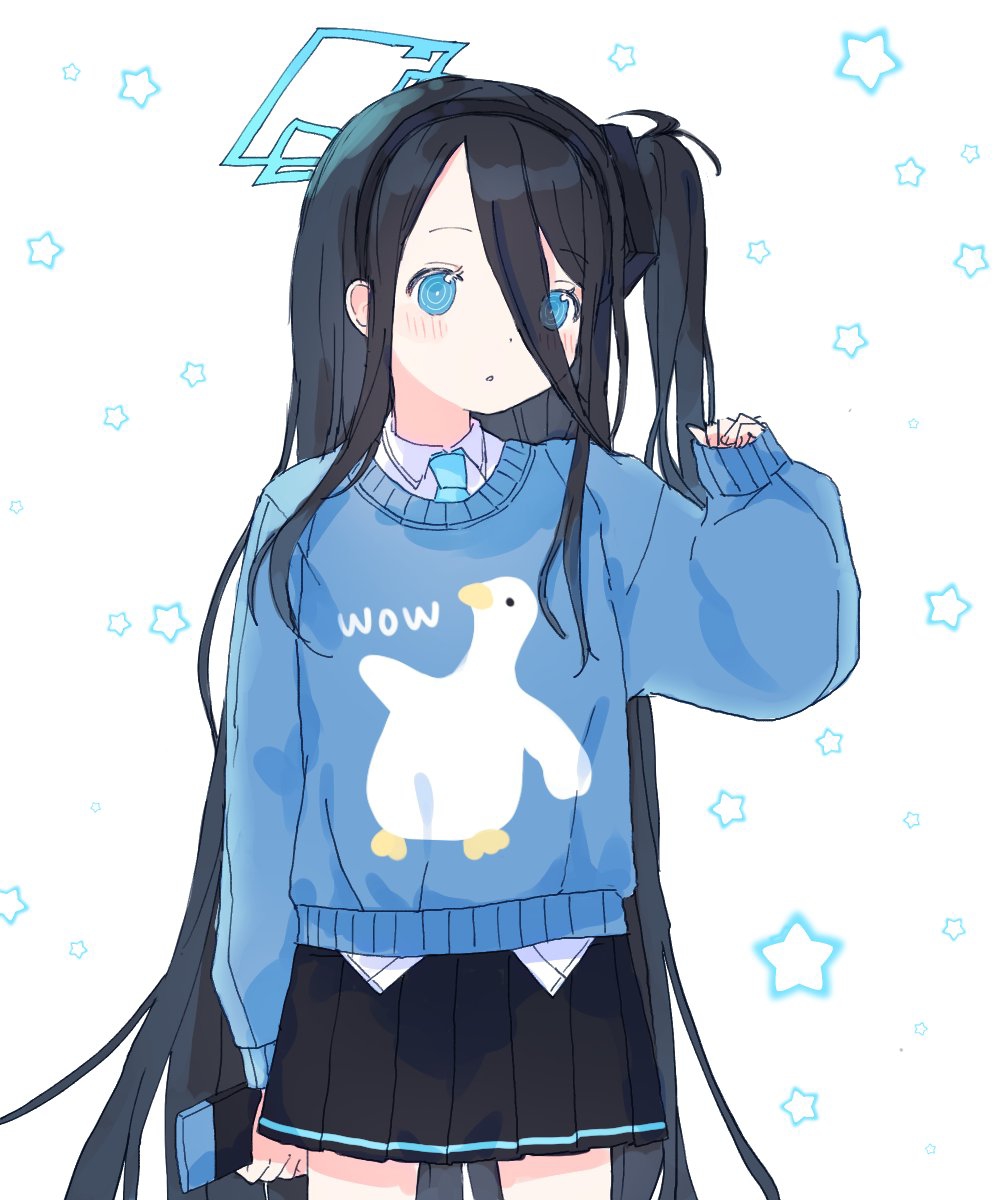 1girl, alternate_costume, aris_(blue_archive), black_hair, black_skirt, blue_archive, blue_sweater, hand_up