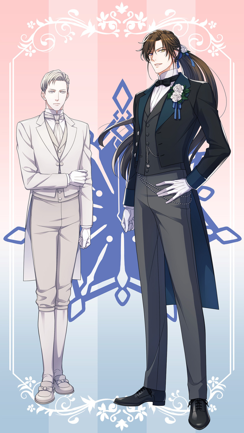 2boys, albert_faulkner, ascot, black_footwear, black_vest, blue_ribbon, bow, bowtie