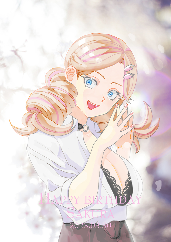 1girl, blonde_hair, blue_eyes, blurry, breasts, cleavage, dated, day