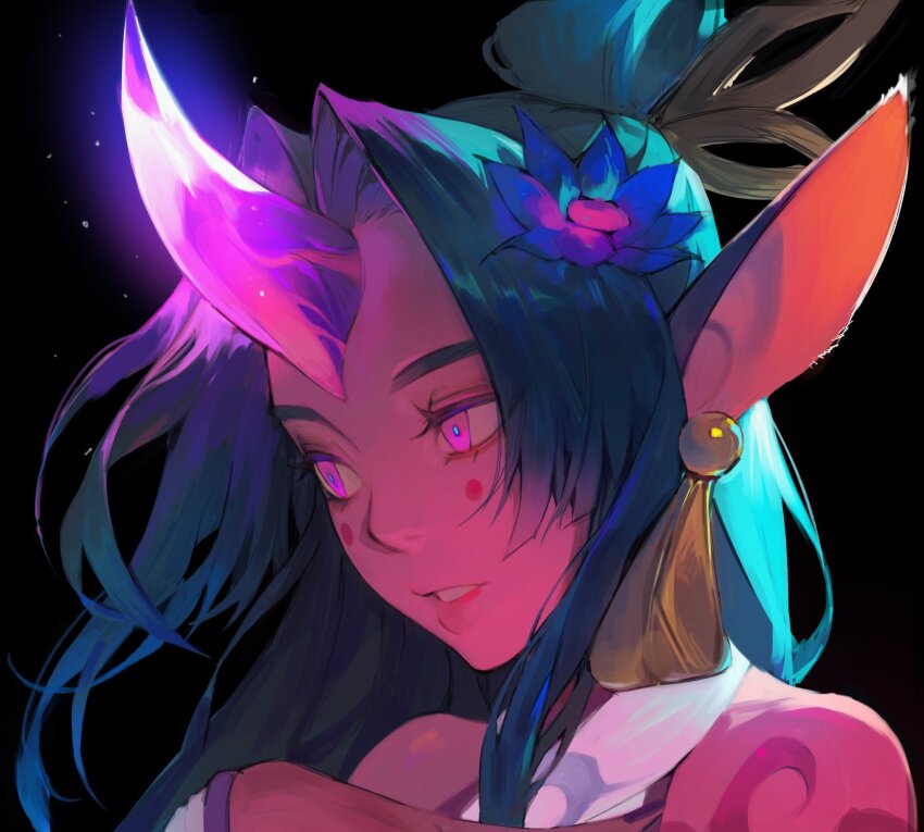 1girl, black_background, blue_flower, earrings, flower, from_side, glowing_horns, green_hair