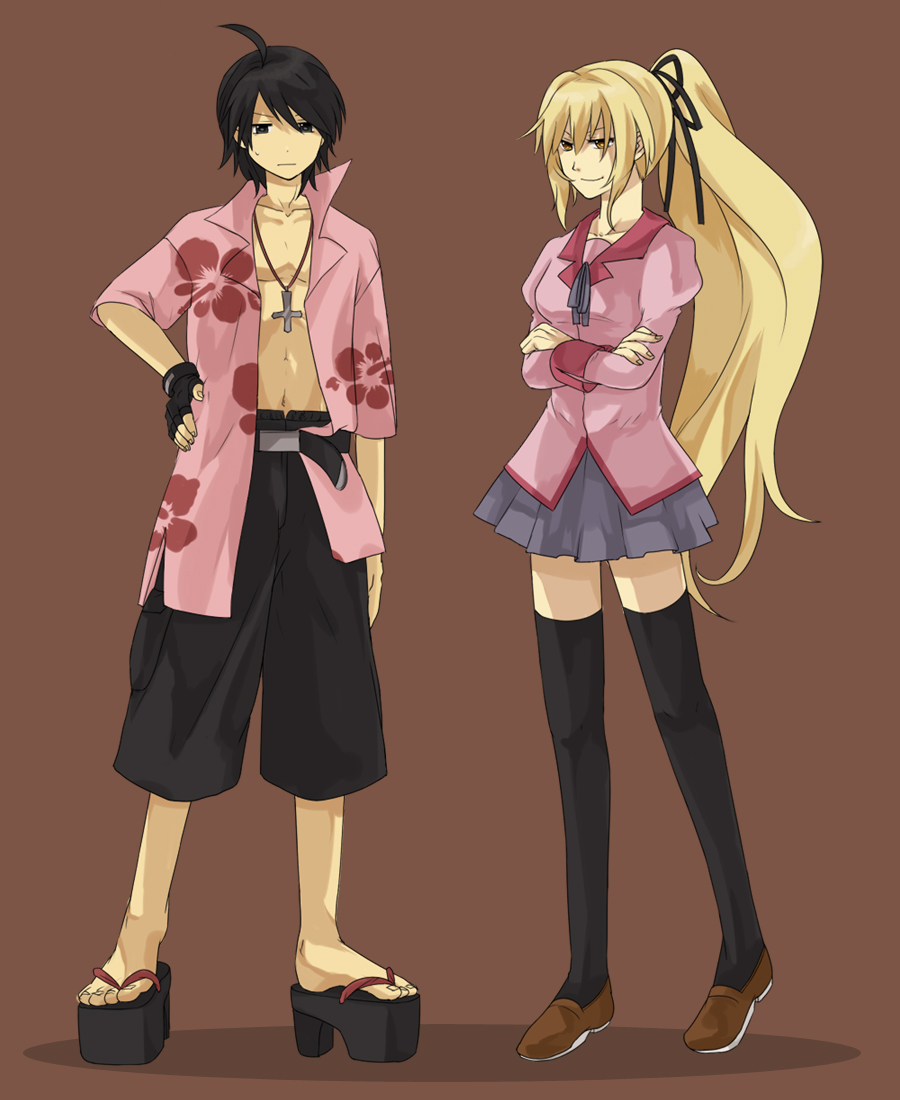 1boy, 1girl, araragi_koyomi, bad_id, bad_pixiv_id, bakemonogatari, cosplay, geta