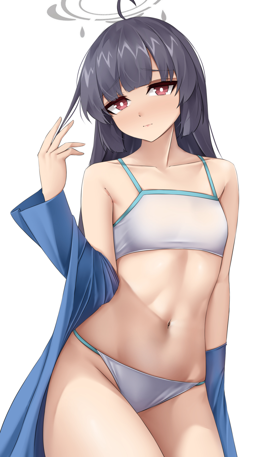 1girl, absurdres, ahoge, bare_shoulders, black_hair, blue_archive, camisole, casperrin