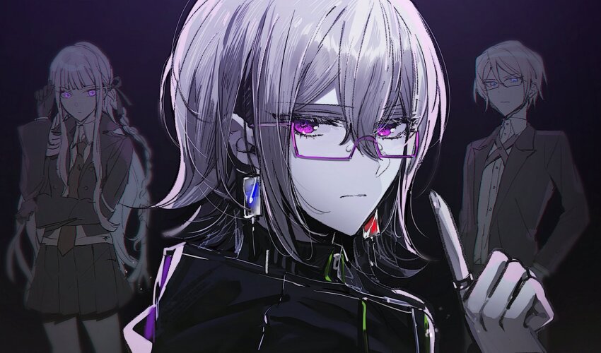 1boy, 1girl, 1other, black_gloves, black_jacket, black_ribbon, black_skirt, blonde_hair