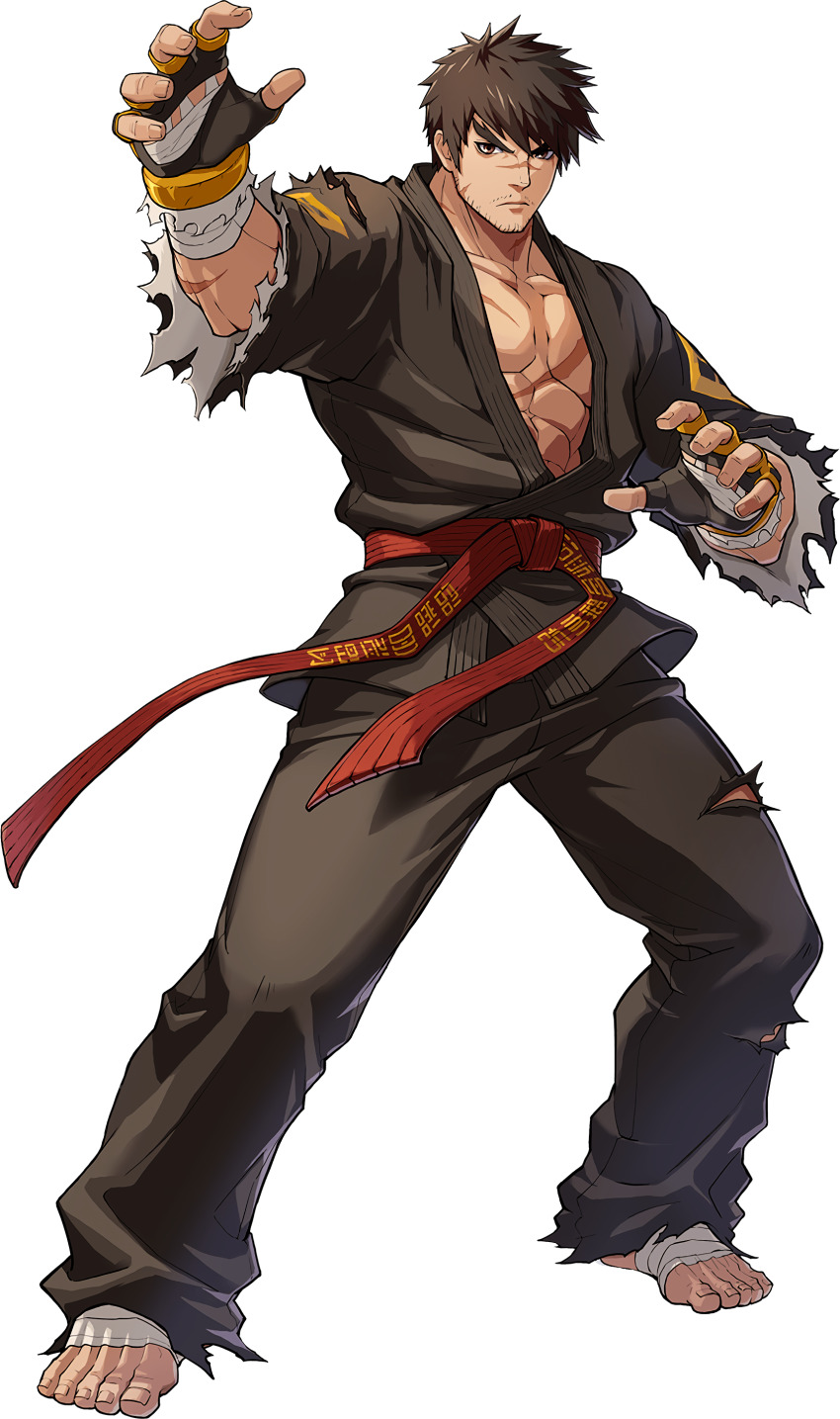 1boy, abs, absurdres, artist_request, bandages, bara, barefoot, belt