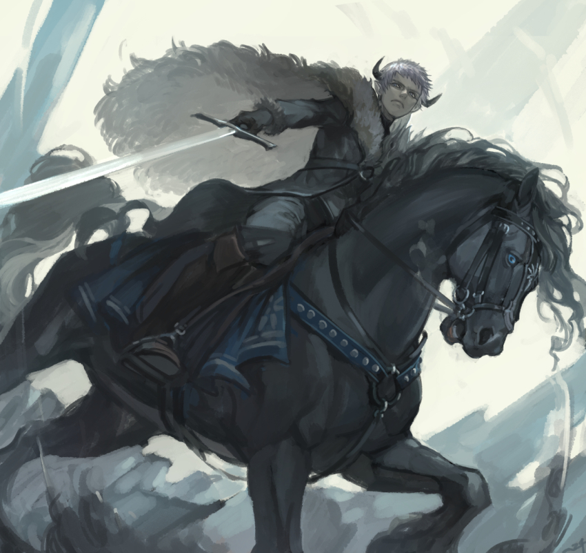 1boy, black_gloves, black_horns, blue_eyes, boots, bridle, cape, day, frown, fur_cape, gloves, grey_eyes, grey_hair, holding, holding_sword, holding_weapon, horns, horse, horseback_riding, leon_the_southern_conquest_general, long_sleeves, male_focus, nishiki_areku, o-ring, open_mouth, outdoors, pixiv_fantasia, pixiv_fantasia_last_saga, pointy_ears, reins, riding, saddle, solo, sword, weapon