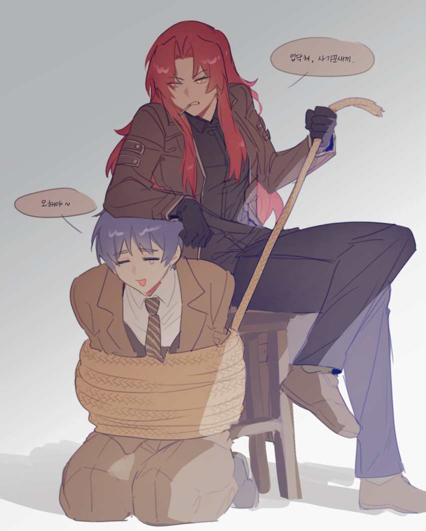 1boy, 1girl, black_footwear, black_gloves, black_pants, black_shirt, blue_hair, bound