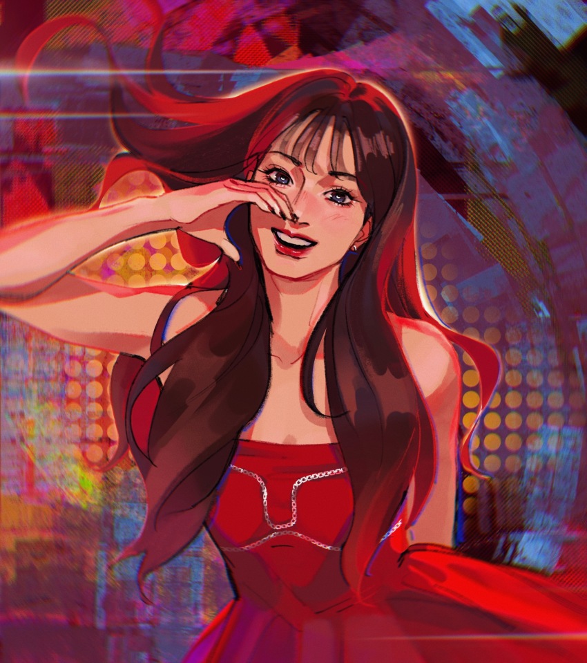 1girl, absurdres, bare_shoulders, bi_ba_bo_sun_ding, black_nails, blue_eyes, collarbone, dress, earrings, flat_chest, head_tilt, highres, jewelry, jini_(singer), k-pop, long_hair, looking_at_viewer, nmixx, open_mouth, real_life, smile, solo, strapless, strapless_dress, upper_body, very_long_hair