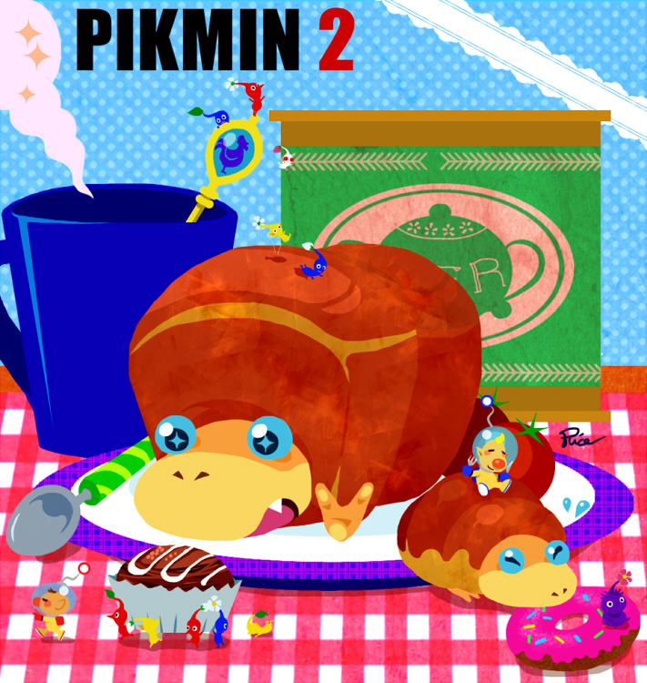 2boys, blue_background, blue_pikmin, breadbug, commentary_request, copyright_name, cup, donut