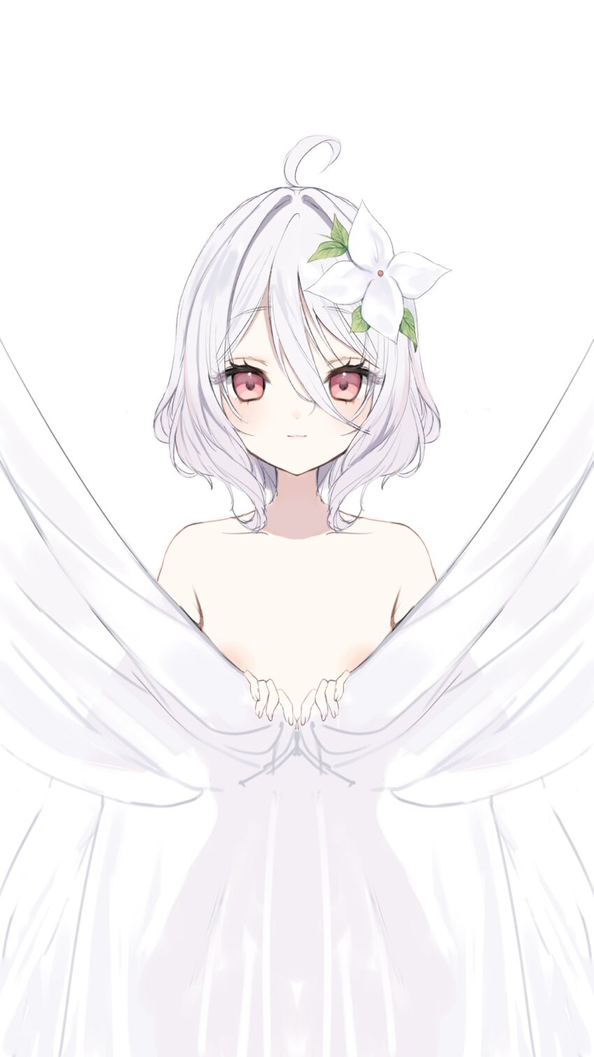 1girl, :3, ahoge, areola_slip, blush, breasts, closed_mouth, commentary