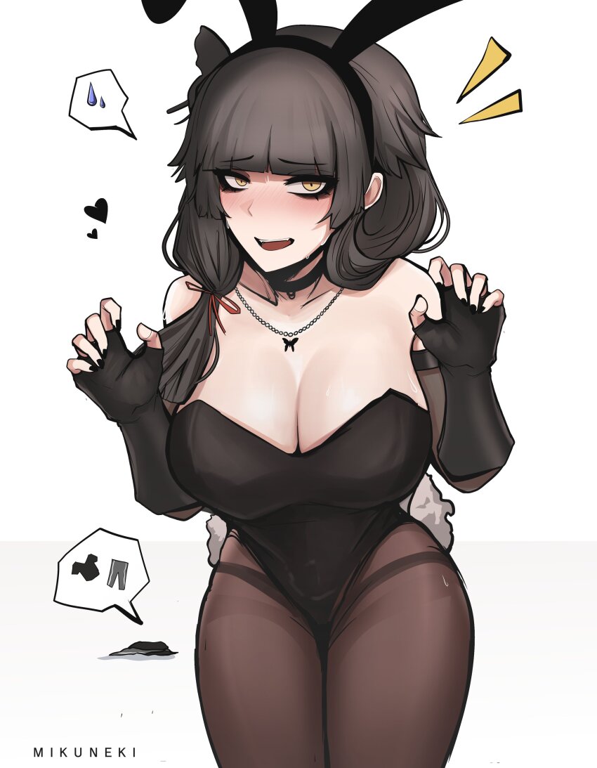 1girl, absurdres, animal_ears, bags_under_eyes, bare_shoulders, black_gloves, black_hair, black_leotard