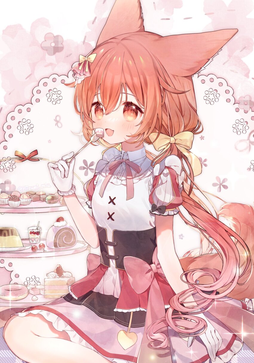 1girl, animal_ears, bow, cake, food, fox_ears, fox_girl, fox_tail