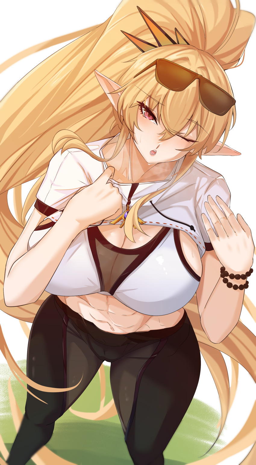 1girl, abs, absurdres, bare_shoulders, barghest_(fate), barghest_(morgan_stadium)_(fate), blonde_hair, breasts, cleavage, fate/grand_order, fate_(series), high_ponytail, highres, horns, large_breasts, long_hair, looking_at_viewer, navel, one_eye_closed, open_mouth, pointy_ears, ponytail, red_eyes, sidelocks, solo, thick_thighs, thighs, toned, toned_female, vanko_(vank0a), very_long_hair