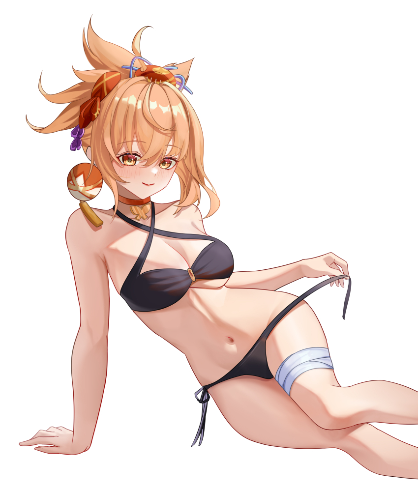 1girl, absurdres, arm_support, bandaged_leg, bandages, bandeau, bare_arms, bare_legs