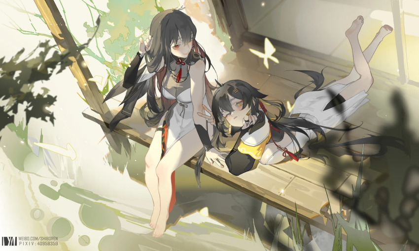 2girls, aether_gazer, bare_legs, barefoot, black_hair, breasts, bug, butterfly