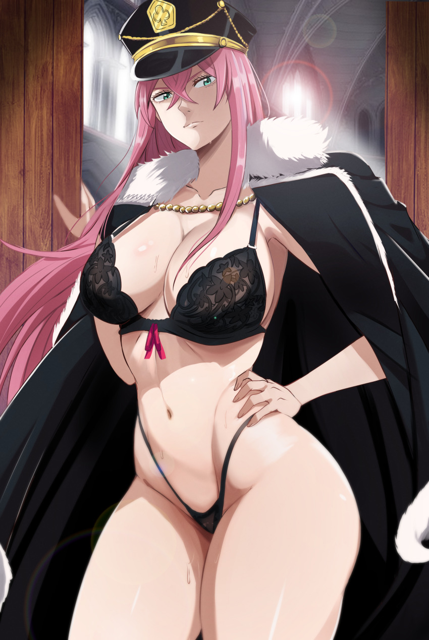 1girl, absurdres, black_clover, breasts, captain_cap, green_eyes, highres, holding_own_waist, large_breasts, lingerie, long_hair, pink_hair, princia_funnybunny, serious, sweat, tagme, the_amazing_gambit, thick_thighs, thighs, underwear