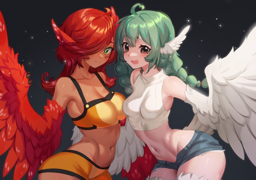 (niniidawns), 2girls, ahoge, animal_ears, bare_shoulders, birb_(niniidawns), bird_ears, black_background