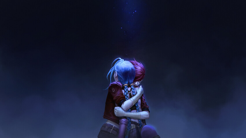2girls, absurdres, amekoi, arcane:_league_of_legends, arcane_jinx, arcane_vi, arm_tattoo, bandaged_arm
