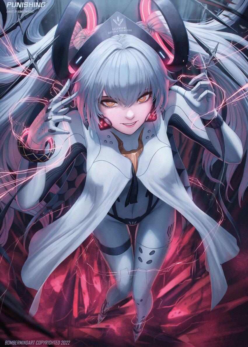 1girl, absurdres, artist_name, bodysuit, bomberminda, bracelet, copyright_name, cross-shaped_pupils