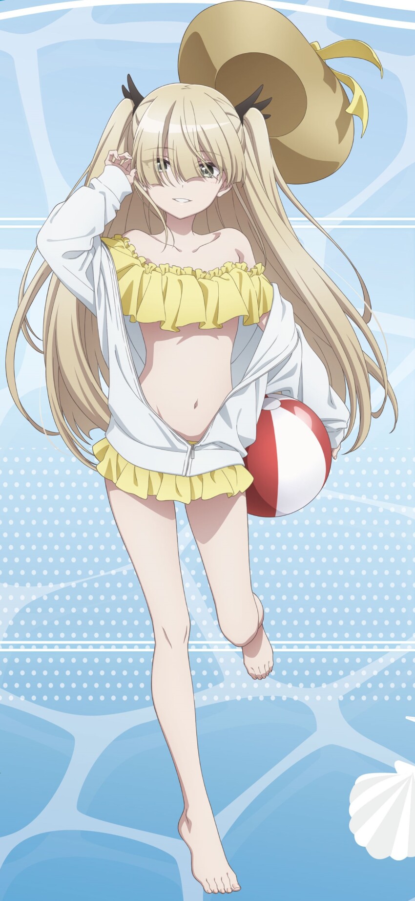 1girl, absurdres, alternate_costume, artist_request, ball, barefoot, beach_hat, beachball, blonde_hair, coat, erna_(spy_kyoushitsu), full_body, grey_eyes, hat, highres, long_hair, navel, official_art, smile, solo, spy_kyoushitsu, swimsuit, twintails