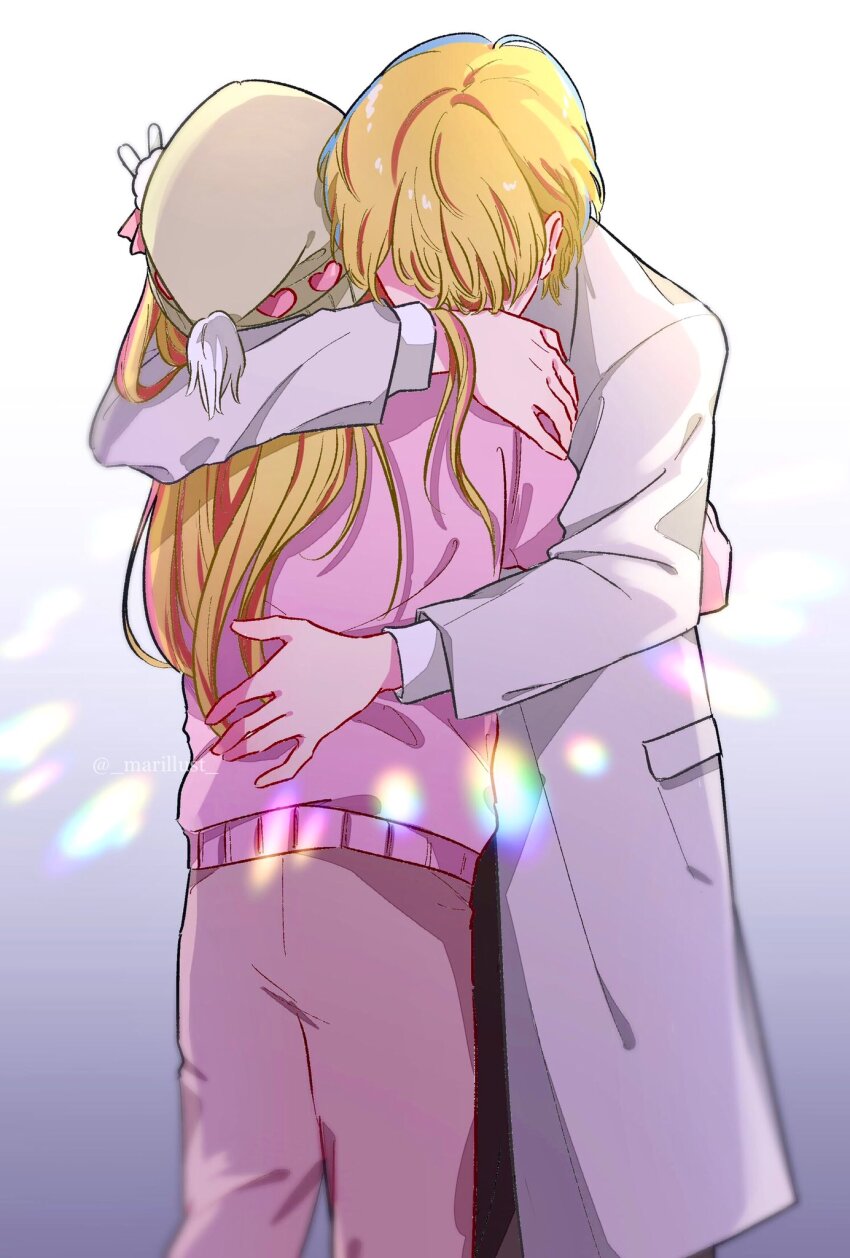 1boy, 1girl, age_difference, amamiya_gorou, beanie, blonde_hair, brother_and_sister, commentary, hat, heart, highres, hoshino_aquamarine, hoshino_ruby, hug, lab_coat, long_hair, long_sleeves, marillust, one_side_up, oshi_no_ko, pants, pink_pants, pink_sweater, rabbit_ornament, reincarnation, siblings, spoilers, sweater, untranslatable_commentary, tendouji_sarina, twitter_username