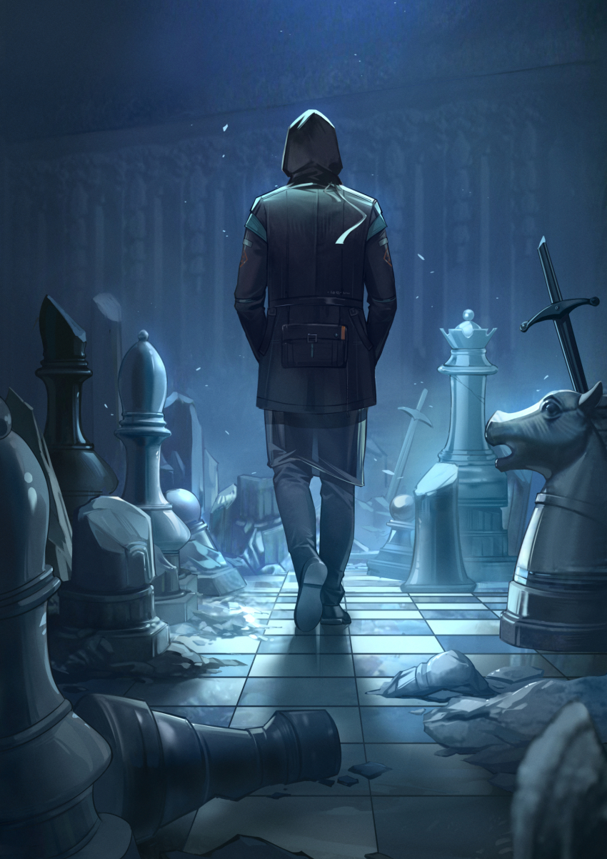 1other, 9chung, ambiguous_gender, arknights, bishop_(chess), black_coat, black_pants, black_shoes, checkered_floor, chess_piece, coat, commentary, doctor_(arknights), facing_away, from_behind, full_body, hands_in_pockets, highres, hood, hood_up, hooded_coat, knight_(chess), long_sleeves, pants, pawn_(chess), queen_(chess), rook_(chess), shoes, solo, sword, walking, weapon