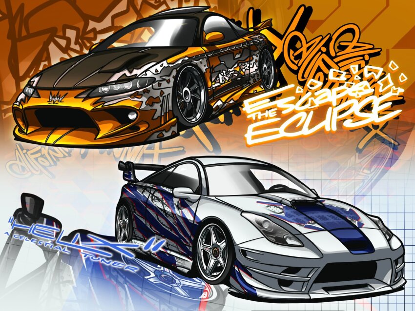 car, commentary, english_commentary, graffiti, highres, mitsubishi_eclipse, mitsubishi_motors, motor_vehicle