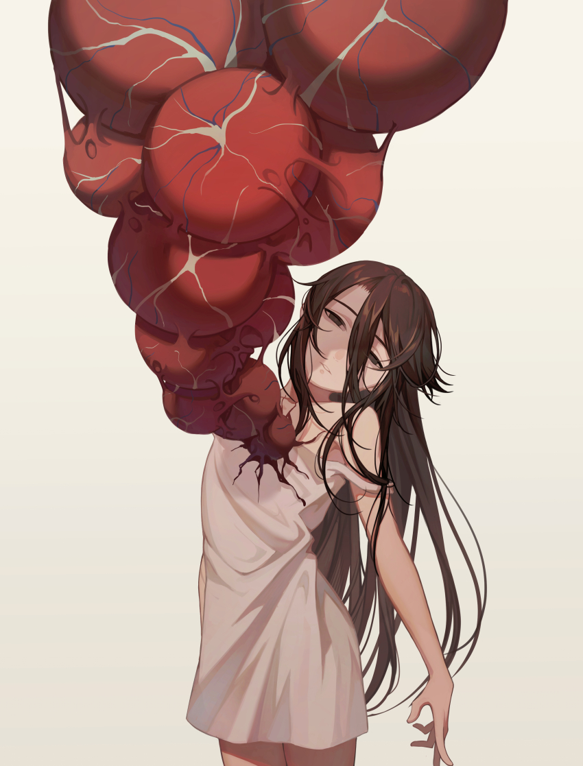 1girl, absurdres, bare_legs, black_eyes, black_hair, commentary, cowboy_shot, dress, empty_eyes, erchongbaojun, flat_chest, hair_between_eyes, highres, long_hair, looking_at_viewer, original, parted_lips, simple_background, sleeveless, sleeveless_dress, solo, spaghetti_strap, strap_slip, untranslatable_commentary, teeth, tumor, very_long_hair, white_background, white_dress
