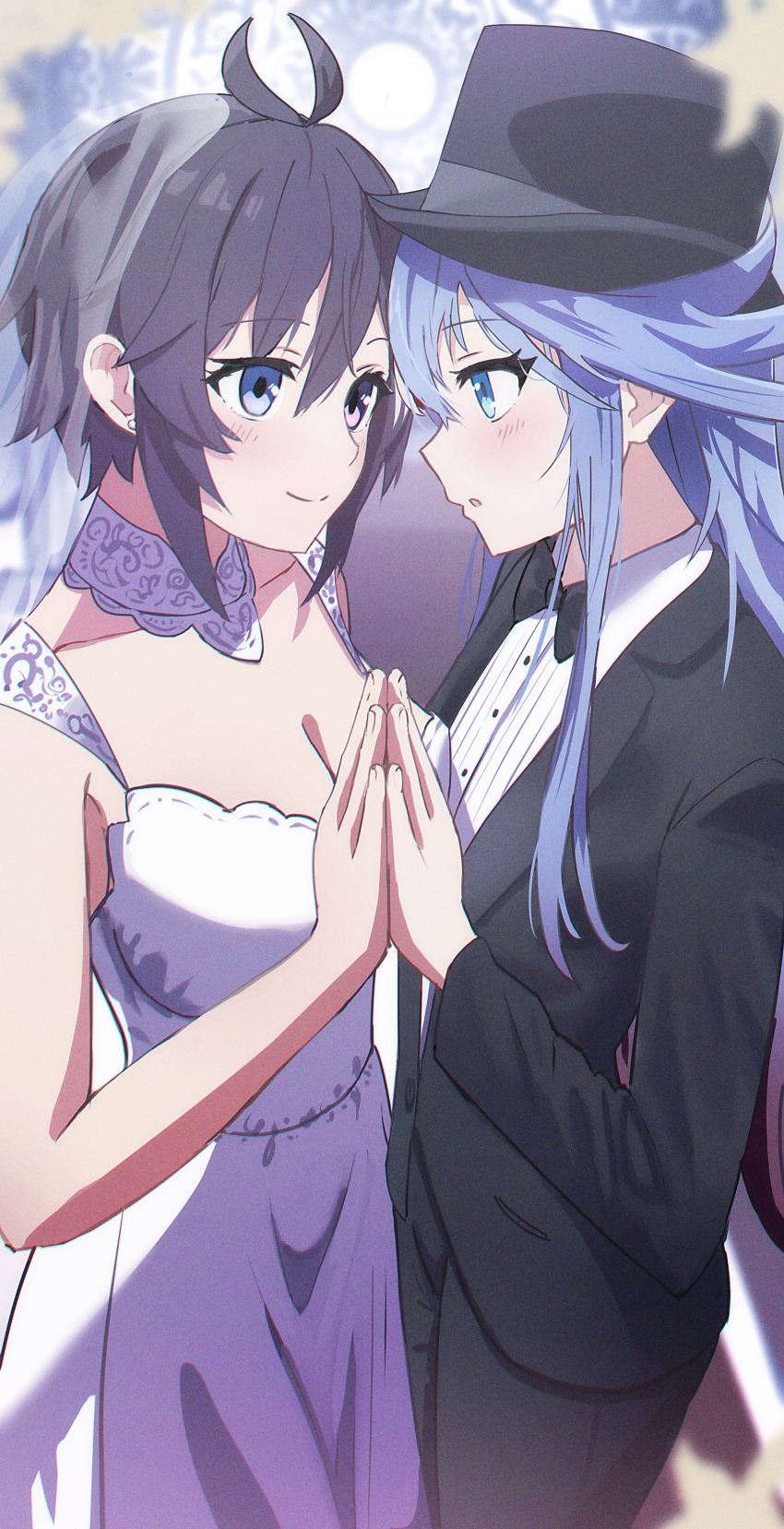 2girls, :c, absurdres, antenna_hair, black_bow, black_bowtie, black_headwear, black_jacket, black_pants, blue_eyes, blue_hair, blush, bow, bowtie, breasts, cherre, cleavage, closed_mouth, collarbone, collared_shirt, commission, cowboy_shot, detached_collar, dress, earrings, eye_contact, face-to-face, formal_clothes, from_side, hair_between_eyes, hat, heterochromia, highres, holding_hands, jacket, jewelry, long_hair, looking_at_another, mary_skelter, mermaid_(mary_skelter), multiple_girls, otsuu_(mary_skelter_2), pants, parted_lips, pixiv_commission, profile, purple_eyes, shirt, short_hair, sidelocks, sleeveless, sleeveless_dress, small_breasts, smile, stud_earrings, suit, top_hat, traditional_bowtie, white_dress, white_shirt, yuri