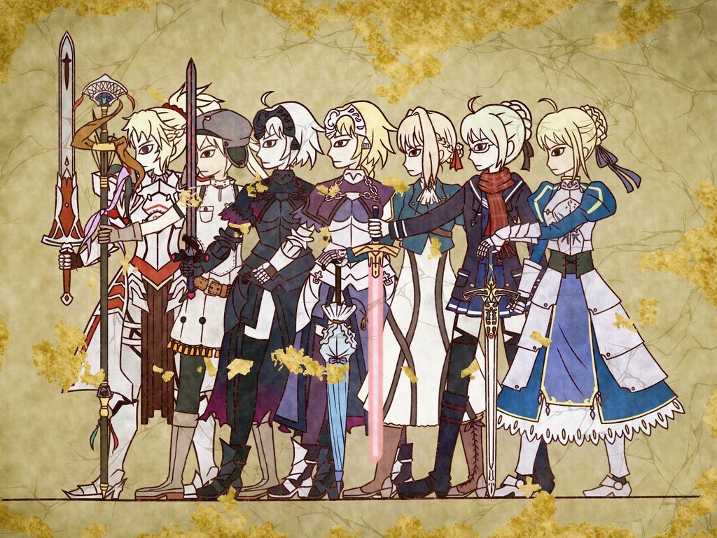 6+girls, ahoge, armor, armored_boots, artoria_caster_(fate), artoria_caster_(first_ascension)_(fate), artoria_pendragon_(fate), black_armor, black_jacket, black_thighhighs, blonde_hair, blue_dress, blue_jacket, blue_skirt, boots, braid, brown_gloves, bun_with_braided_base, commentary_request, crossover, dress, egyptian_art, expressionless, fate/grand_order, fate_(series), from_side, glasses, gloves, glowing, glowing_sword, glowing_weapon, hair_bun, hat, holding, holding_staff, holding_sword, holding_umbrella, holding_weapon, jacket, jeanne_d'arc_(fate), jeanne_d'arc_(ruler)_(fate), jeanne_d'arc_alter_(fate), juliet_sleeves, kita_(7kita), long_sleeves, look-alike, mordred_(fate), multiple_girls, mysterious_heroine_x_alter_(fate), planted, planted_sword, planted_weapon, pleated_skirt, ponytail, puffy_sleeves, red_scarf, saber_(fate), scarf, sidelocks, skirt, staff, sword, thighhighs, umbrella, violet_evergarden, violet_evergarden_(series), weapon