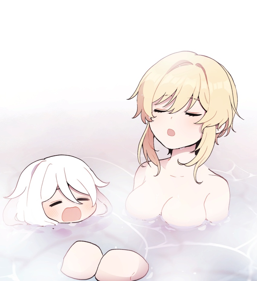 2girls, 5rwpvc, bath, bathtub, blonde_hair, breasts, closed_eyes, completely_nude