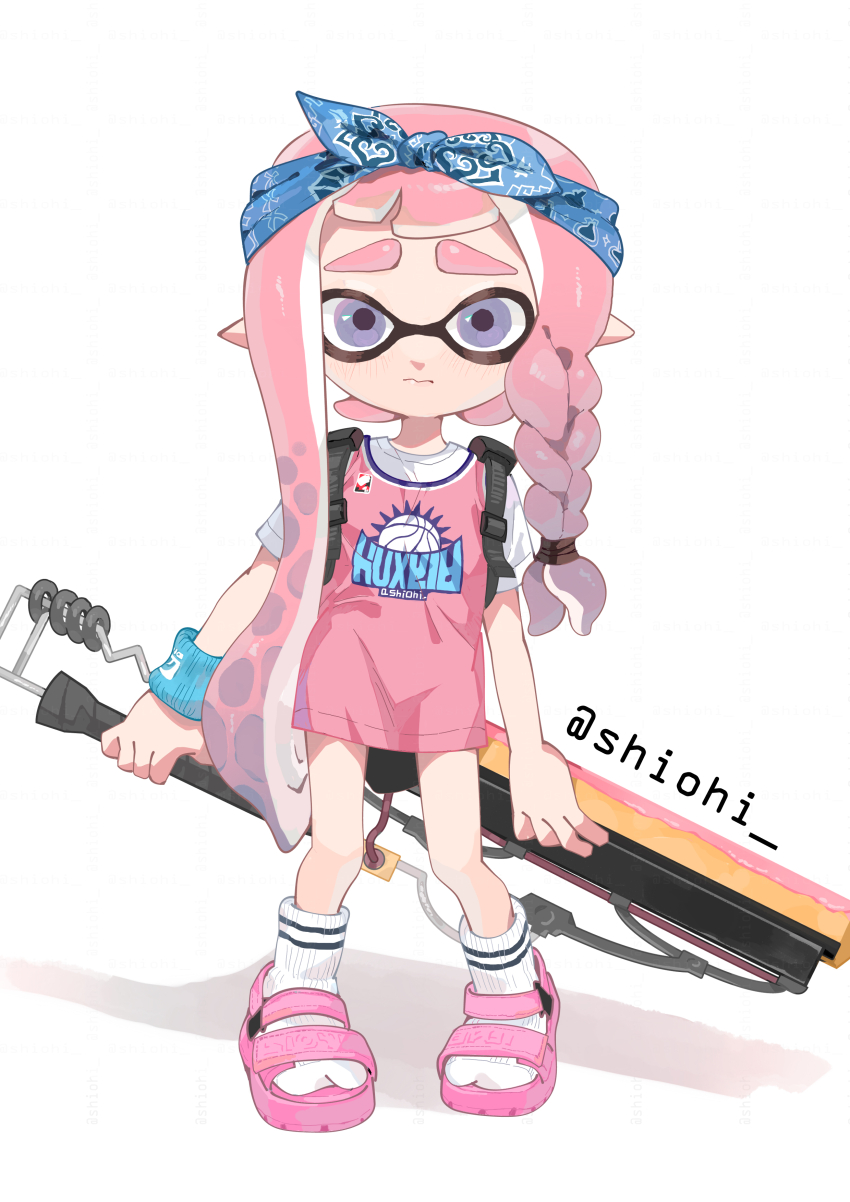 1girl, absurdres, artist_name, bandana, basketball_jersey, blue_bandana, blush, braid