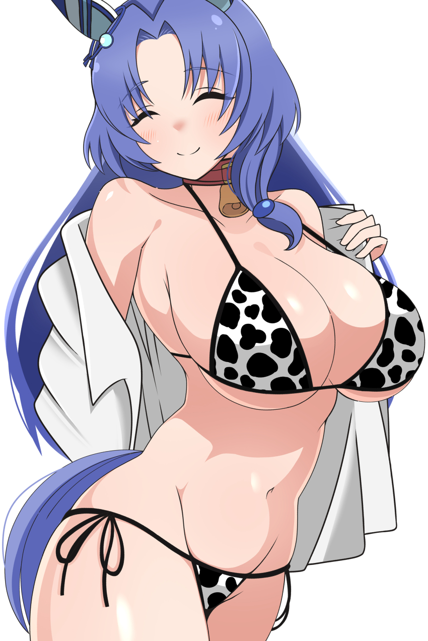 1girl, absurdres, animal_ears, animal_print, bell, bikini, blue_eyes, blue_hair, breasts, cleavage, closed_eyes, collarbone, cow_print, cow_print_bikini, cowbell, ear_covers, ear_ornament, godolphin_barb_(umamusume), highres, horse_ears, horse_girl, horse_tail, horseshoe_ornament, jacket, large_breasts, long_hair, print_bikini, puchimosu_(mosu1427), shirt, simple_background, smile, solo, swimsuit, tail, track_jacket, umamusume, white_background, white_shirt