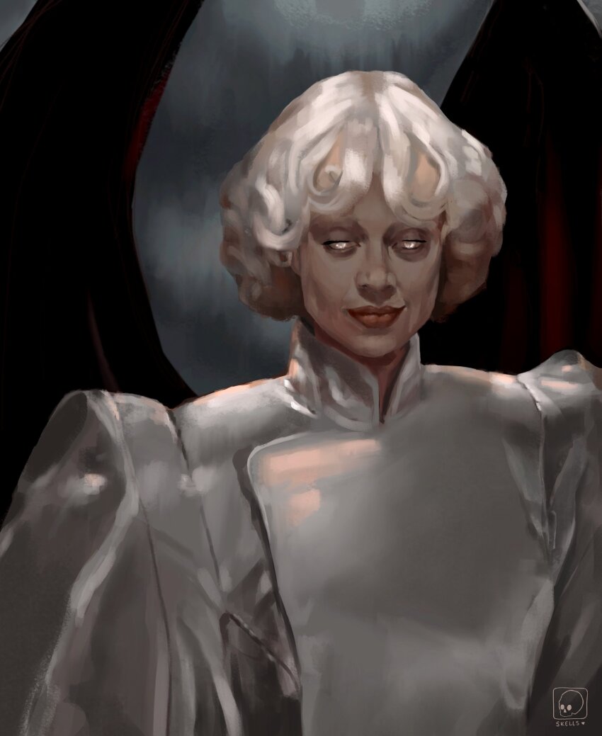 1girl, absurdres, captainskells, demon, demon_girl, demon_wings, dress, evil_smile, glowing, glowing_eyes, highres, lucifer_from_sandman, short_hair, smile, solo, the_sandman_(dc), upper_body, white_dress, white_eyes, wings