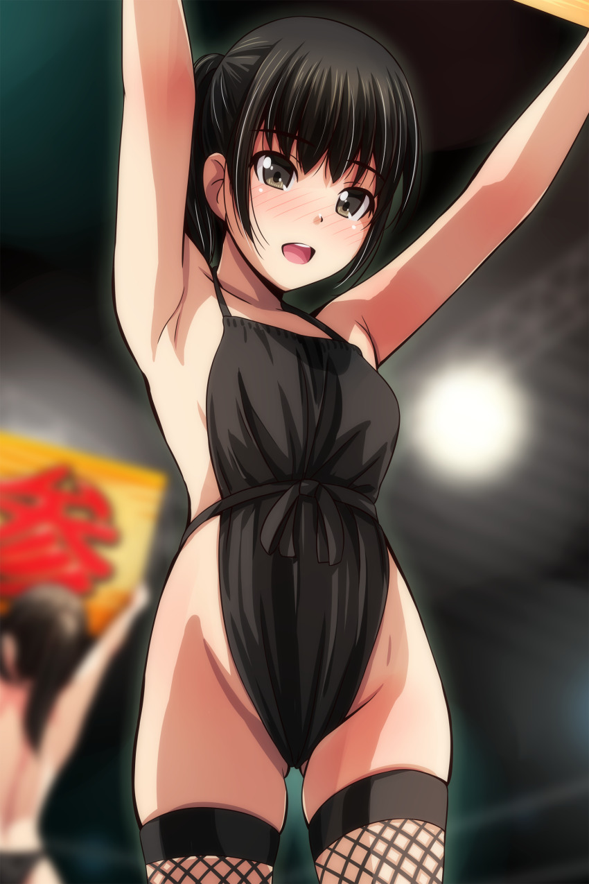 2girls, :d, absurdres, armpits, arms_up, backless_outfit, bare_shoulders, black_hair