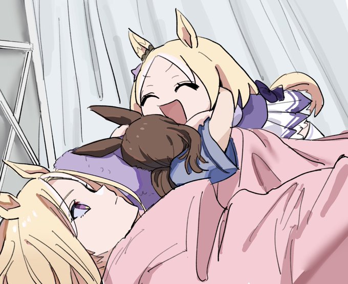 2girls, 500_dollar_four_foot_tall_mareep_(meme), :d, admire_vega_(umamusume), animal_ears, blanket, bow, curtains