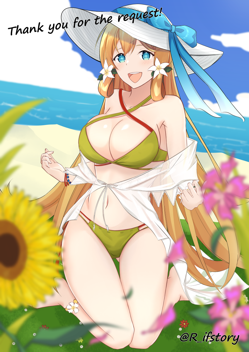 1girl, bare_shoulders, beach, bikini, blonde_hair, blue_eyes, breasts, commission