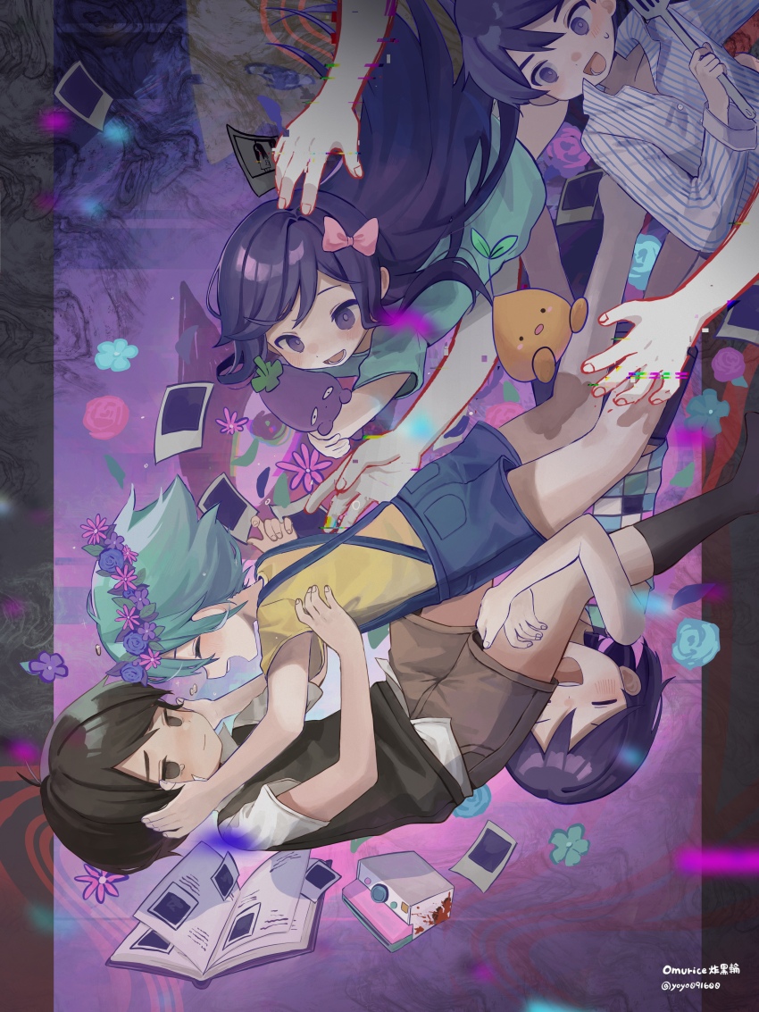 1girl, 4boys, :d, ^_^, absurdres, aqua_flower, artist_name, aubrey_(headspace)_(omori), aubrey_(omori), basil_(headspace)_(omori), basil_(omori), black_eyes, black_hair, black_socks, black_vest, blue_flower, blue_shorts, blush, book, bow, brown_shorts, camera, closed_eyes, closed_mouth, collared_shirt, commentary, commentary_request, denim, denim_shorts, disembodied_hand, dress, english_commentary, flower, flower_wreath, glitch, green_dress, green_flower, green_hair, hair_between_eyes, hair_bow, hand_up, hands_on_another's_cheeks, hands_on_another's_face, head_wreath, hero_(headspace)_(omori), hero_(omori), highres, holding, holding_spatula, holding_stuffed_toy, hugging_another's_leg, kel_(headspace)_(omori), kel_(omori), kneehighs, long_hair, long_sleeves, looking_at_another, medium_hair, mixed-language_commentary, mr._plantegg_(omori), multicolored_background, multicolored_clothes, multicolored_shirt, multiple_boys, omori, omurice_(roza4957), open_book, open_mouth, pajamas, parted_bangs, photo_(object), pink_bow, pink_flower, popped_collar, purple_background, purple_eyes, purple_flower, shirt, short_hair, short_sleeves, shorts, simple_background, sleeveless, sleeveless_shirt, smile, socks, solid_circle_eyes, spatula, sprout_mole, striped_clothes, striped_shirt, stuffed_toy, sunny_(omori), suspender_shorts, suspenders, sweatdrop, swept_bangs, tearing_up, teeth, twitter_username, upper_teeth_only, upside-down, vertical-striped_clothes, vertical-striped_shirt, vest, white_shirt, wide-eyed, yellow_shirt