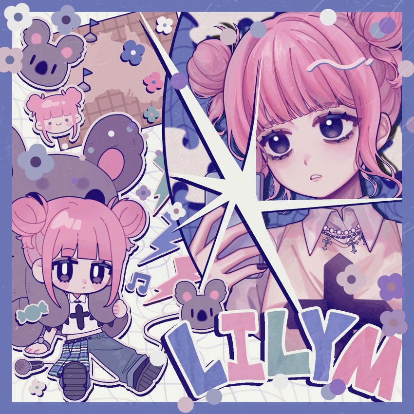 1girl, animification, asymmetrical_clothes, black_eyes, black_footwear, black_nails, blue_border, blue_skirt