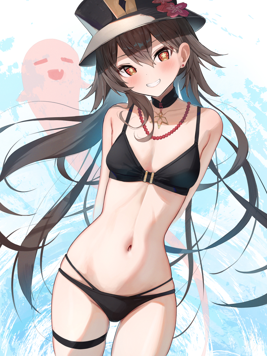 1girl, absurdres, arms_behind_back, bead_necklace, beads, bikini, black_bikini, boo_tao_(genshin_impact)