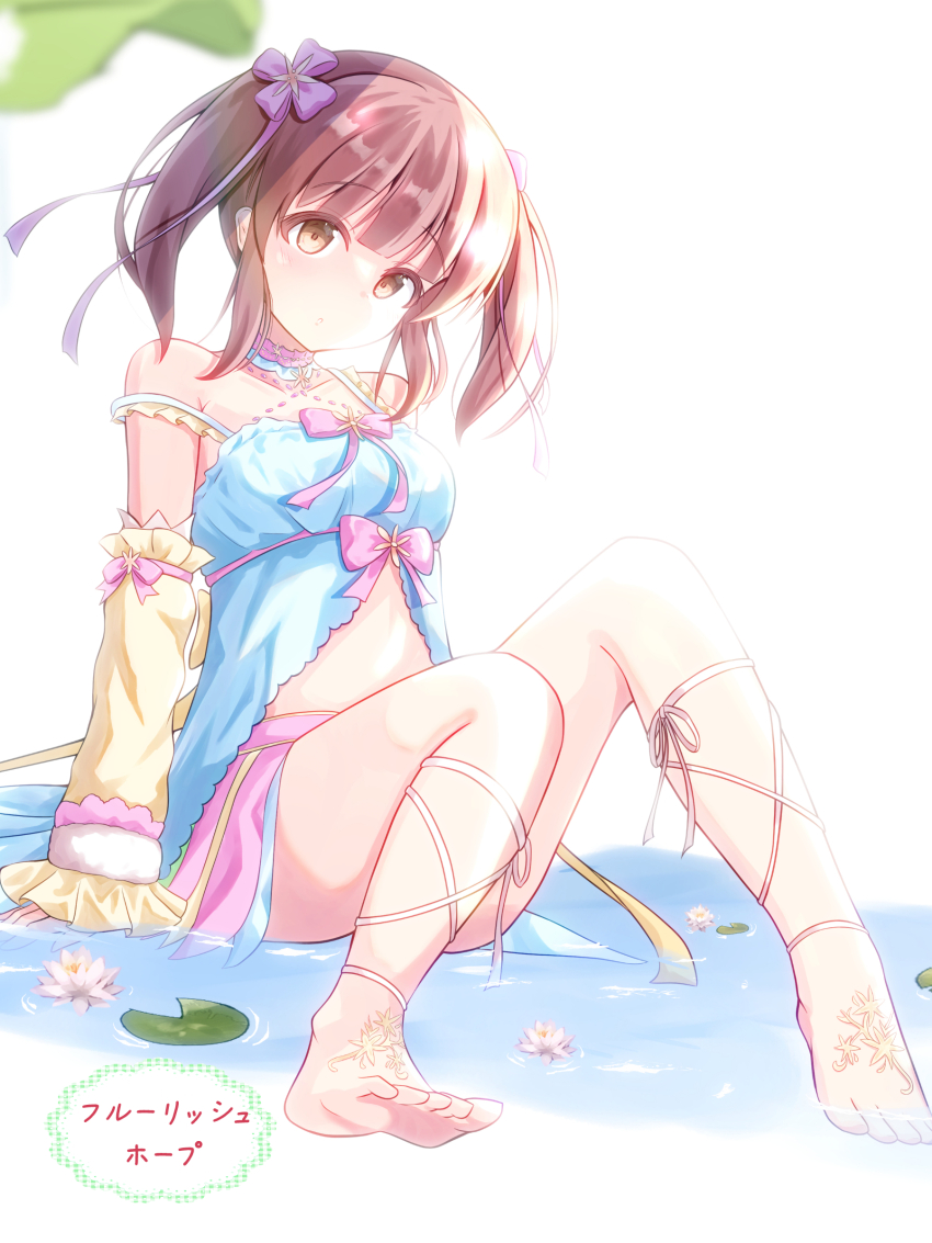 1girl, absurdres, barefoot, blunt_bangs, bow, brown_eyes, brown_hair, commentary_request